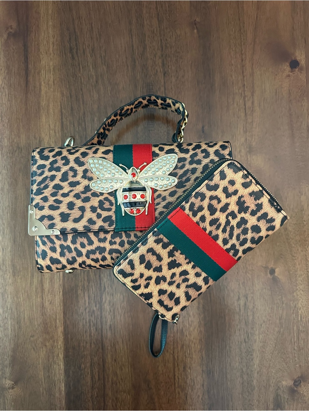 New: Leopard Print Satchel and Wallet Set with Bee Accent - Brown